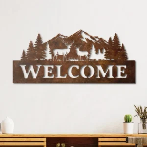 Welcome Deer Forest Scene Metal Sign, Extra Large Rustic Woodland Art, Dimmable LED Backlight, Outdoor Enthusiast Gift