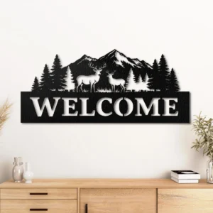 Welcome Deer Forest Scene Metal Sign, Extra Large Rustic Woodland Art, Dimmable LED Backlight, Outdoor Enthusiast Gift