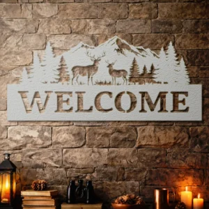 Welcome Deer Forest Scene Metal Sign, Extra Large Rustic Woodland Art, Dimmable LED Backlight, Outdoor Enthusiast Gift