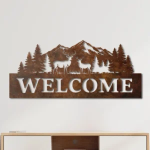 Welcome Deer Forest Scene Metal Sign, Extra Large Rustic Woodland Art, Dimmable LED Backlight, Outdoor Enthusiast Gift