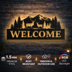 Welcome Deer Forest Scene Metal Sign, Extra Large Rustic Woodland Art, Dimmable LED Backlight, Outdoor Enthusiast Gift