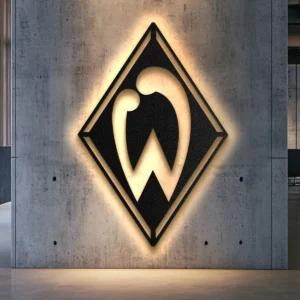 Black metal Werder Bremen football club logo wall art with LED backlighting.