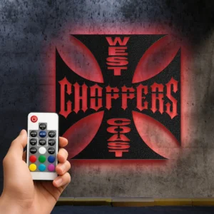 West Coast Choppers Metal Logo, Iron Cross Emblem Art, RGB LED Man Cave Decor, Motorcycle Rider Gift