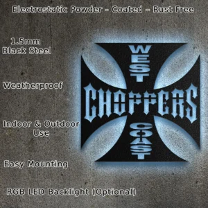 West Coast Choppers Metal Logo, Iron Cross Emblem Art, RGB LED Man Cave Decor, Motorcycle Rider Gift
