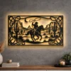 Large rustic Western cowboy metal wall art with LED backlighting.