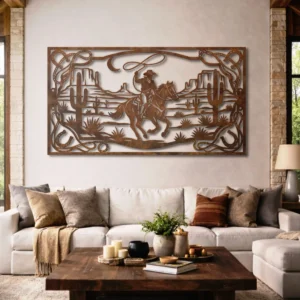 Western Cowboy Metal Wall Art, Oversized Rustic Desert Decor, Optional RGB LED, Ranch Home Gift