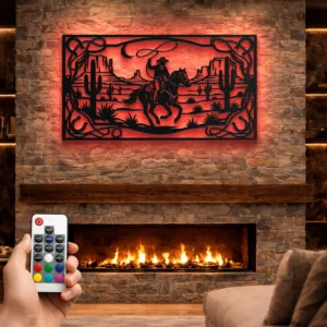 Western Cowboy Metal Wall Art, Oversized Rustic Desert Decor, Optional RGB LED, Ranch Home Gift