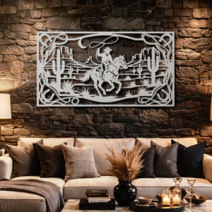 Western Cowboy Metal Wall Art, Oversized Rustic Desert Decor, Optional RGB LED, Ranch Home Gift