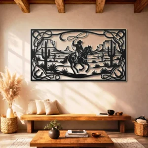 Western Cowboy Metal Wall Art, Oversized Rustic Desert Decor, Optional RGB LED, Ranch Home Gift