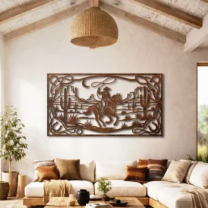 Western Cowboy Metal Wall Art, Oversized Rustic Desert Decor, Optional RGB LED, Ranch Home Gift