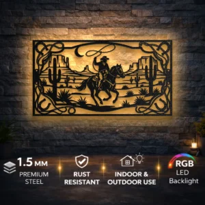 Western Cowboy Metal Wall Art, Oversized Rustic Desert Decor, Optional RGB LED, Ranch Home Gift