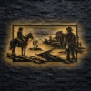 Large Western Cowboy Town Scene metal wall art with LED backlight.