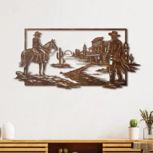 Western Cowboy Town Scene Metal Wall Art, Oversized Rustic Wild West Decor, Optional RGB LED, Man Cave Gift