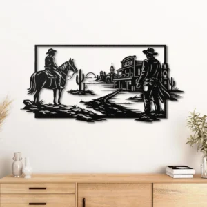 Western Cowboy Town Scene Metal Wall Art, Oversized Rustic Wild West Decor, Optional RGB LED, Man Cave Gift