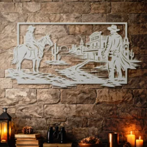 Western Cowboy Town Scene Metal Wall Art, Oversized Rustic Wild West Decor, Optional RGB LED, Man Cave Gift