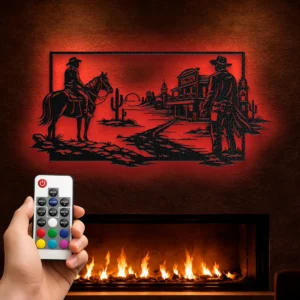 Western Cowboy Town Scene Metal Wall Art, Oversized Rustic Wild West Decor, Optional RGB LED, Man Cave Gift