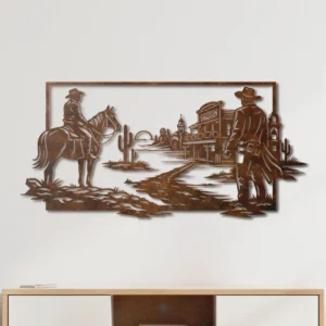 Western Cowboy Town Scene Metal Wall Art, Oversized Rustic Wild West Decor, Optional RGB LED, Man Cave Gift