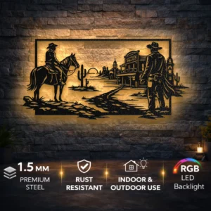 Western Cowboy Town Scene Metal Wall Art, Oversized Rustic Wild West Decor, Optional RGB LED, Man Cave Gift