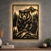 Large rustic metal wall art featuring a bear in a mountain and forest scene.