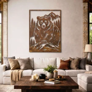 Wild Bear Mountain Metal Art, Oversized Rustic Forest Decor, Optional LED Backlight, Nature Lover Gift