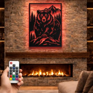 Wild Bear Mountain Metal Art, Oversized Rustic Forest Decor, Optional LED Backlight, Nature Lover Gift