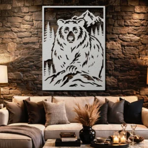 Wild Bear Mountain Metal Art, Oversized Rustic Forest Decor, Optional LED Backlight, Nature Lover Gift