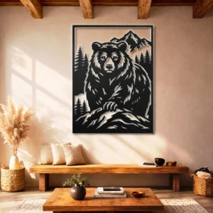 Wild Bear Mountain Metal Art, Oversized Rustic Forest Decor, Optional LED Backlight, Nature Lover Gift