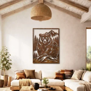 Wild Bear Mountain Metal Art, Oversized Rustic Forest Decor, Optional LED Backlight, Nature Lover Gift