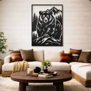 Wild Bear Mountain Metal Art, Oversized Rustic Forest Decor, Optional LED Backlight, Nature Lover Gift