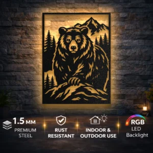Wild Bear Mountain Metal Art, Oversized Rustic Forest Decor, Optional LED Backlight, Nature Lover Gift