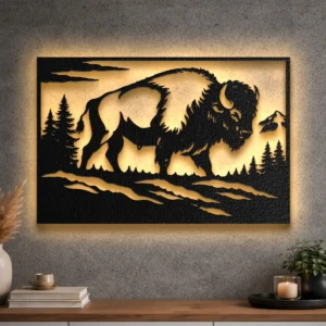 Large rustic metal art depicting a wild buffalo in a forest and mountain landscape