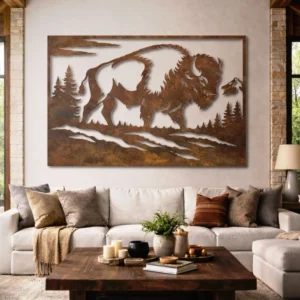 Wild Buffalo Metal Wall Art, Oversized Rustic Wildlife Decor, Forest and Mountain Sign, Optional LED Backlight, Nature Lover Gift