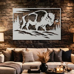 Wild Buffalo Metal Wall Art, Oversized Rustic Wildlife Decor, Forest and Mountain Sign, Optional LED Backlight, Nature Lover Gift