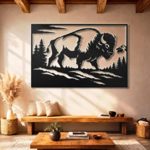 Wild Buffalo Metal Wall Art, Oversized Rustic Wildlife Decor, Forest and Mountain Sign, Optional LED Backlight, Nature Lover Gift