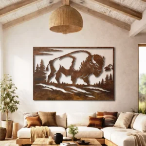 Wild Buffalo Metal Wall Art, Oversized Rustic Wildlife Decor, Forest and Mountain Sign, Optional LED Backlight, Nature Lover Gift