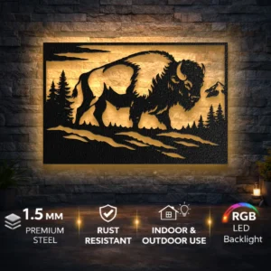Wild Buffalo Metal Wall Art, Oversized Rustic Wildlife Decor, Forest and Mountain Sign, Optional LED Backlight, Nature Lover Gift