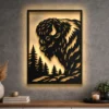 Large rustic metal art featuring a wild buffalo in a forest scene.
