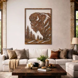Wild Buffalo Scene Metal Art, Oversized Rustic Forest Decor, Optional LED, Wildlife Lover Gift
