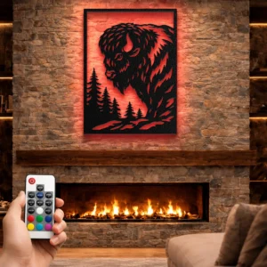Wild Buffalo Scene Metal Art, Oversized Rustic Forest Decor, Optional LED, Wildlife Lover Gift