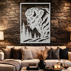 Wild Buffalo Scene Metal Art, Oversized Rustic Forest Decor, Optional LED, Wildlife Lover Gift