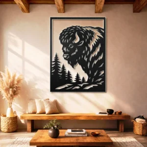 Wild Buffalo Scene Metal Art, Oversized Rustic Forest Decor, Optional LED, Wildlife Lover Gift