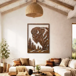 Wild Buffalo Scene Metal Art, Oversized Rustic Forest Decor, Optional LED, Wildlife Lover Gift