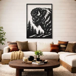 Wild Buffalo Scene Metal Art, Oversized Rustic Forest Decor, Optional LED, Wildlife Lover Gift
