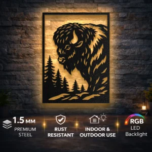 Wild Buffalo Scene Metal Art, Oversized Rustic Forest Decor, Optional LED, Wildlife Lover Gift