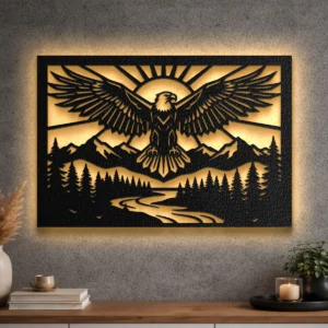 Large Wilderness Eagle metal wall art with LED backlighting