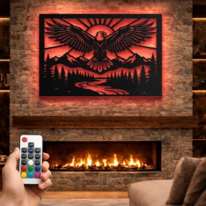 Wilderness Eagle Metal Wall Art, Oversized Rustic Mountain Decor, Optional RGB LED, Nature Lover Gift