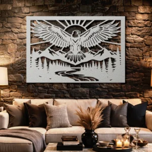 Wilderness Eagle Metal Wall Art, Oversized Rustic Mountain Decor, Optional RGB LED, Nature Lover Gift