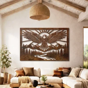 Wilderness Eagle Metal Wall Art, Oversized Rustic Mountain Decor, Optional RGB LED, Nature Lover Gift