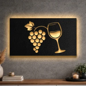 Oversized rustic metal wall art featuring wine grapes and a glass design