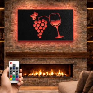 Wine Grapes and Glass Metal Art, Oversized Rustic Kitchen Decor, Backlit Bar Sign, Wine Enthusiast Gift